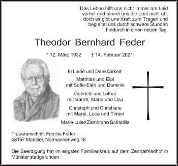 Traueranzeige von Theodor Bernhard Feder von Neue Osnabrücker Zeitung GmbH & Co. KG