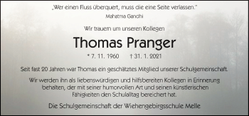 Traueranzeige von Thomas Pranger von Neue Osnabrücker Zeitung GmbH & Co. KG