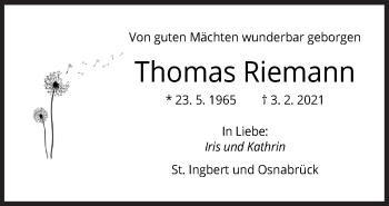 Traueranzeige von Thomas Riemann von Neue Osnabrücker Zeitung GmbH & Co. KG