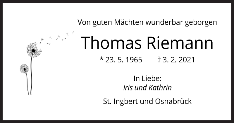  Traueranzeige für Thomas Riemann vom 06.02.2021 aus Neue Osnabrücker Zeitung GmbH & Co. KG