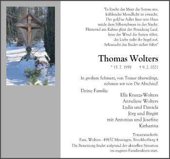 Traueranzeige von Thomas Wolters von Neue Osnabrücker Zeitung GmbH & Co. KG