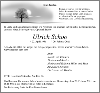 Traueranzeige von Ulrich Schoo von Neue Osnabrücker Zeitung GmbH & Co. KG