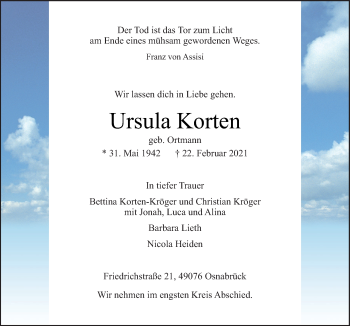 Traueranzeige von Ursula Korten von Neue Osnabrücker Zeitung GmbH & Co. KG