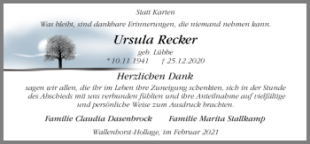 Traueranzeige von Ursula Recker von Neue Osnabrücker Zeitung GmbH & Co. KG