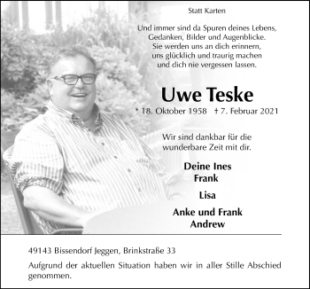 Traueranzeige von Uwe Teske von Neue Osnabrücker Zeitung GmbH & Co. KG