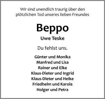 Traueranzeige von Uwe Teske von Neue Osnabrücker Zeitung GmbH & Co. KG