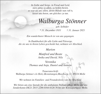 Traueranzeige von Walburga Stönner von Neue Osnabrücker Zeitung GmbH & Co. KG