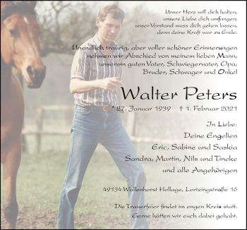 Traueranzeige von Walter Peters von Neue Osnabrücker Zeitung GmbH & Co. KG