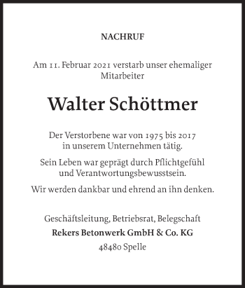 Traueranzeige von Walter Schöttmer von Neue Osnabrücker Zeitung GmbH & Co. KG