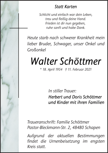 Traueranzeige von Walter Schöttmer von Neue Osnabrücker Zeitung GmbH & Co. KG