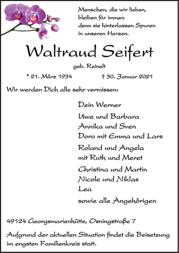 Traueranzeige von Waltraud Seifert von Neue Osnabrücker Zeitung GmbH & Co. KG