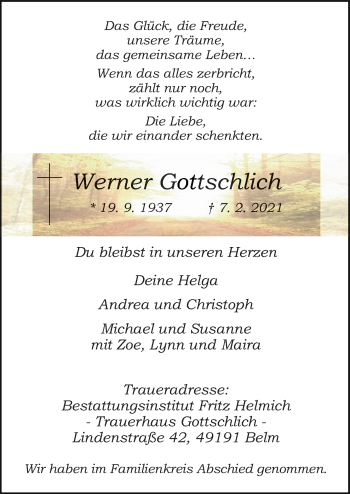 Traueranzeige von Werner Gottschlich von Neue Osnabrücker Zeitung GmbH & Co. KG