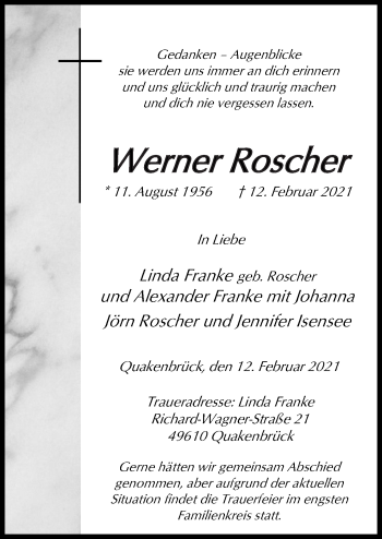 Traueranzeige von Werner Roscher von Neue Osnabrücker Zeitung GmbH & Co. KG