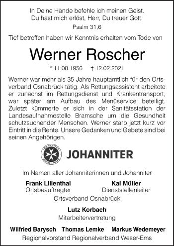 Traueranzeige von Werner Roscher von Neue Osnabrücker Zeitung GmbH & Co. KG
