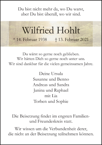Traueranzeige von Wilfried Hohlt von Neue Osnabrücker Zeitung GmbH & Co. KG