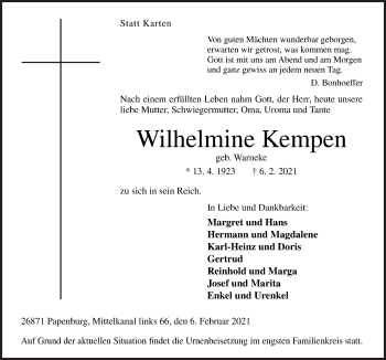 Traueranzeige von Wilhelmine Kempen von Neue Osnabrücker Zeitung GmbH & Co. KG