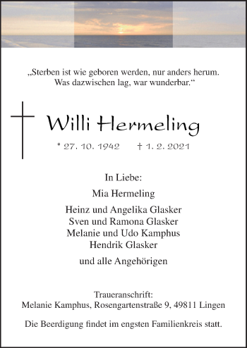 Traueranzeige von Willi Hermeling von Neue Osnabrücker Zeitung GmbH & Co. KG