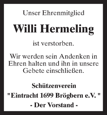 Traueranzeige von Willi Hermeling von Neue Osnabrücker Zeitung GmbH & Co. KG