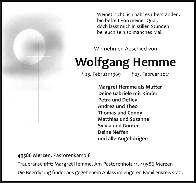  Traueranzeige für Wolfgang Hemme vom 25.02.2021 aus Neue Osnabrücker Zeitung GmbH & Co. KG