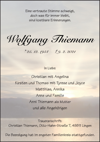 Traueranzeige von Wolfgang Thiemann von Neue Osnabrücker Zeitung GmbH & Co. KG