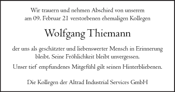 Traueranzeige von Wolfgang Thiemann von Neue Osnabrücker Zeitung GmbH & Co. KG