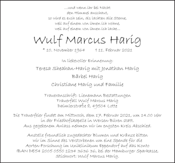 Traueranzeige von Wulf Marcus Harig von Neue Osnabrücker Zeitung GmbH & Co. KG