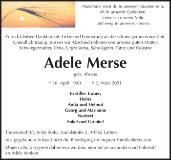 Traueranzeige von Adele Merse von Neue Osnabrücker Zeitung GmbH & Co. KG