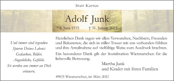 Traueranzeige von Adolf Junk von Neue Osnabrücker Zeitung GmbH & Co. KG