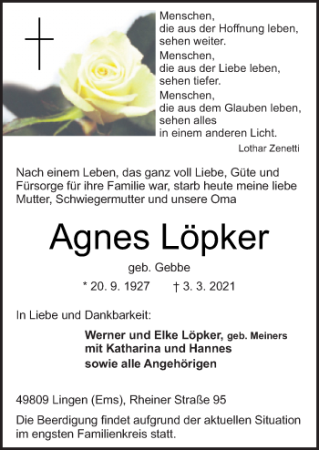 Traueranzeige von Agnes Löpker von Neue Osnabrücker Zeitung GmbH & Co. KG