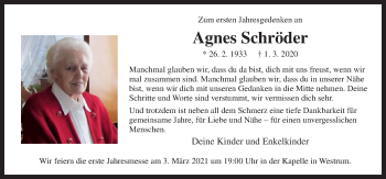 Traueranzeige von Agnes Schröder von Neue Osnabrücker Zeitung GmbH & Co. KG