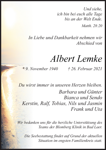 Traueranzeige von Albert Lemke von Neue Osnabrücker Zeitung GmbH & Co. KG