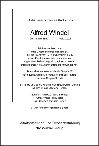 Traueranzeige von Alfred Windel von Neue Osnabrücker Zeitung GmbH & Co. KG