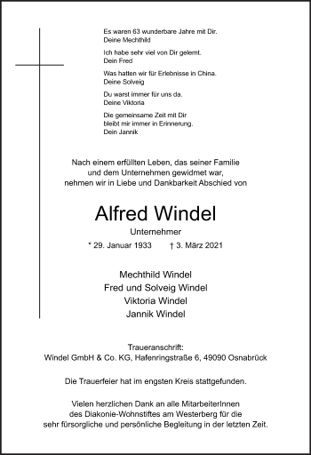 Traueranzeige von Alfred Windel von Neue Osnabrücker Zeitung GmbH & Co. KG