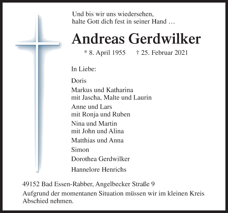  Traueranzeige für Andreas Gerdwilker vom 01.03.2021 aus Neue Osnabrücker Zeitung GmbH & Co. KG