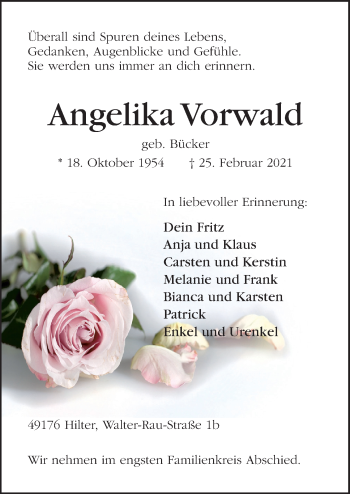 Traueranzeige von Angelika Vorwald von Neue Osnabrücker Zeitung GmbH & Co. KG