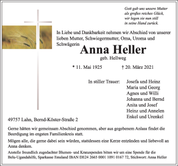 Traueranzeige von Anna Heller von Neue Osnabrücker Zeitung GmbH & Co. KG