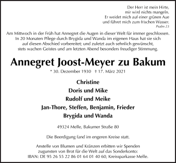 Traueranzeige von Annegret Joost-Meyer zu Bakum von Neue Osnabrücker Zeitung GmbH & Co. KG