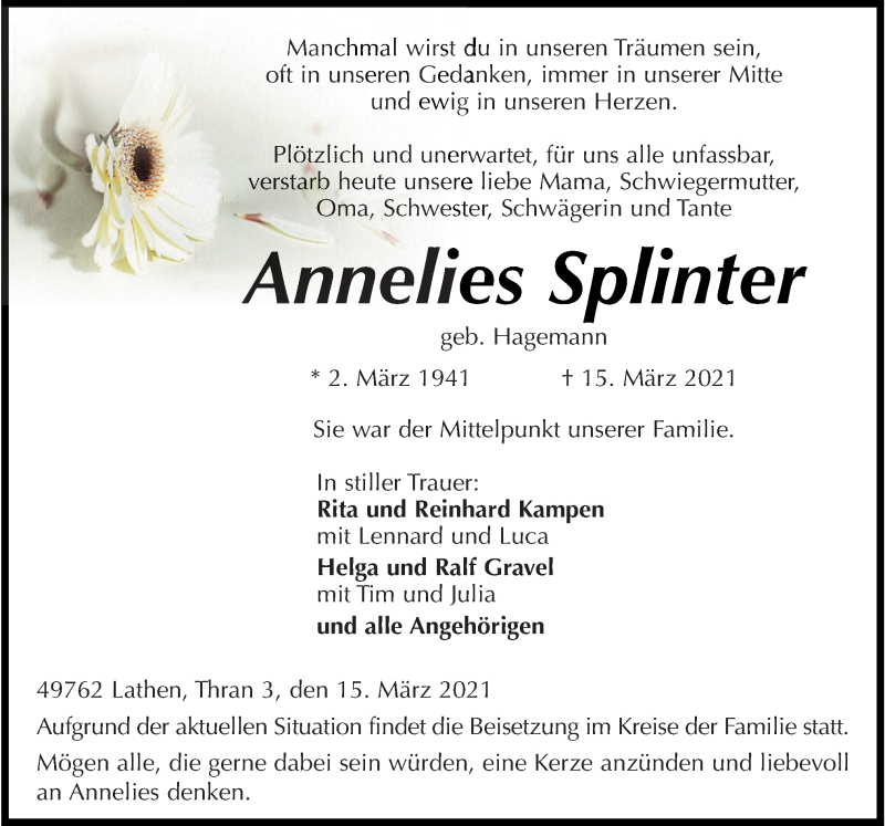  Traueranzeige für Annelies Splinter vom 17.03.2021 aus Neue Osnabrücker Zeitung GmbH & Co. KG