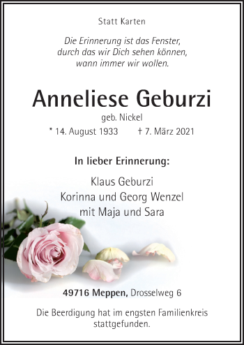 Traueranzeige von Anneliese Geburzi von Neue Osnabrücker Zeitung GmbH & Co. KG