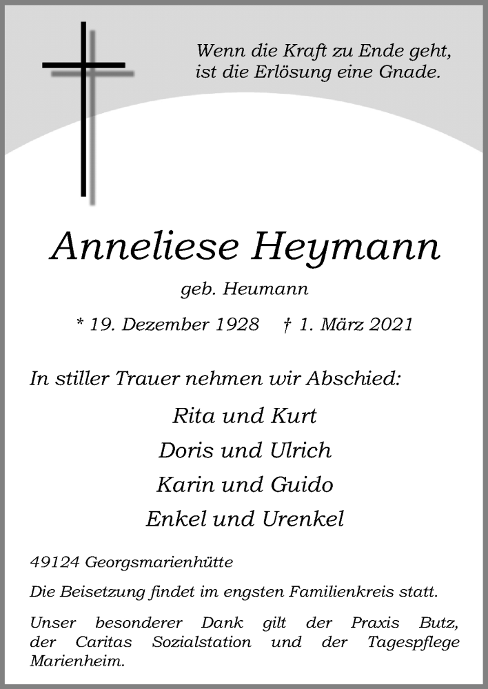  Traueranzeige für Anneliese Heymann vom 06.03.2021 aus Neue Osnabrücker Zeitung GmbH & Co. KG