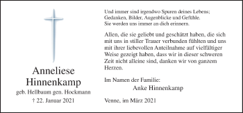Traueranzeige von Anneliese Hinnenkamp von Neue Osnabrücker Zeitung GmbH & Co. KG