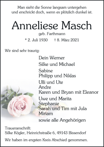 Traueranzeige von Anneliese Masch von Neue Osnabrücker Zeitung GmbH & Co. KG