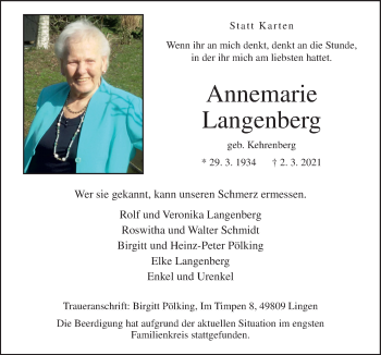 Traueranzeige von Annemarie Langenberg von Neue Osnabrücker Zeitung GmbH & Co. KG