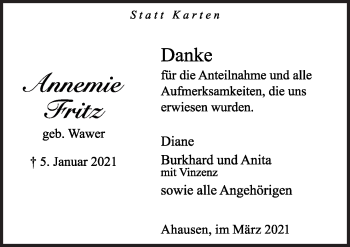 Traueranzeige von Annemie Fritz von Neue Osnabrücker Zeitung GmbH & Co. KG