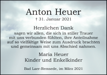 Traueranzeige von Anton Heuer von Neue Osnabrücker Zeitung GmbH & Co. KG