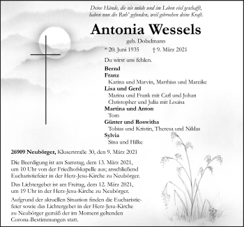 Traueranzeige von Antonia Wessels von Neue Osnabrücker Zeitung GmbH & Co. KG