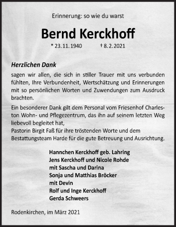 Traueranzeige von Bernd Kerckhoff von Neue Osnabrücker Zeitung GmbH & Co. KG