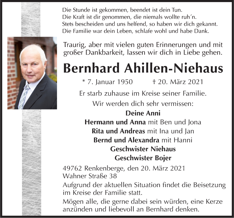  Traueranzeige für Bernhard Ahillen-Niehaus vom 22.03.2021 aus Neue Osnabrücker Zeitung GmbH & Co. KG