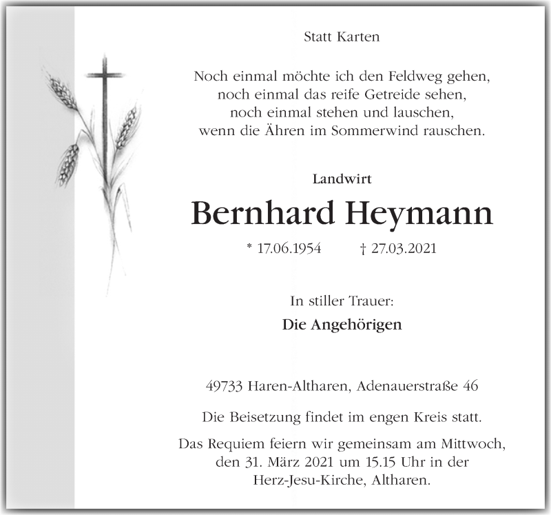  Traueranzeige für Bernhard Heymann vom 29.03.2021 aus Neue Osnabrücker Zeitung GmbH & Co. KG
