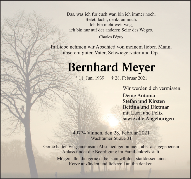  Traueranzeige für Bernhard Meyer vom 03.03.2021 aus Neue Osnabrücker Zeitung GmbH & Co. KG